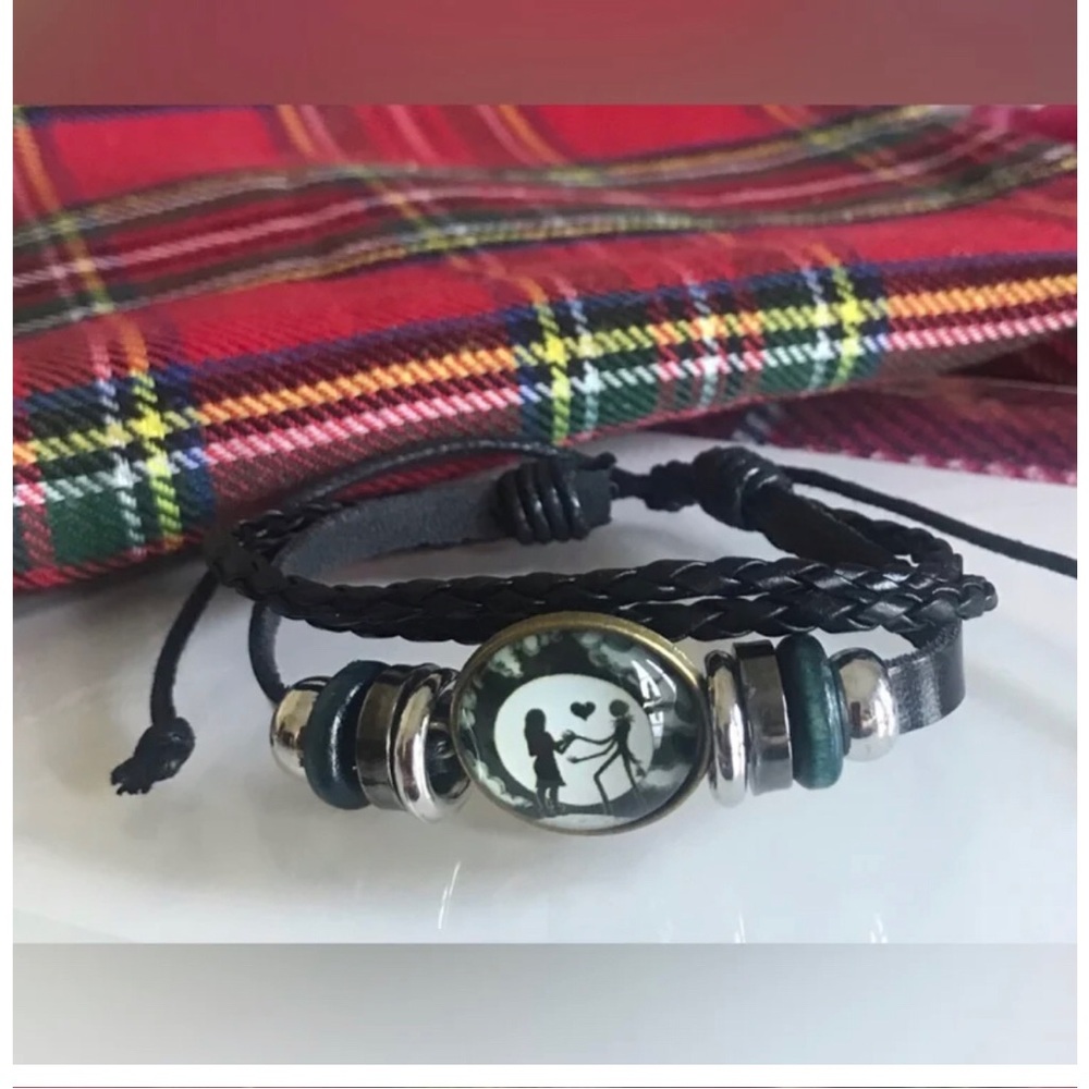 Black Leather Nightmare Before Christmas Bracelet with Silver Accents